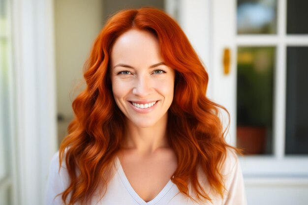 Woman with red hair smiling at the camera with white shirt on Generative AI