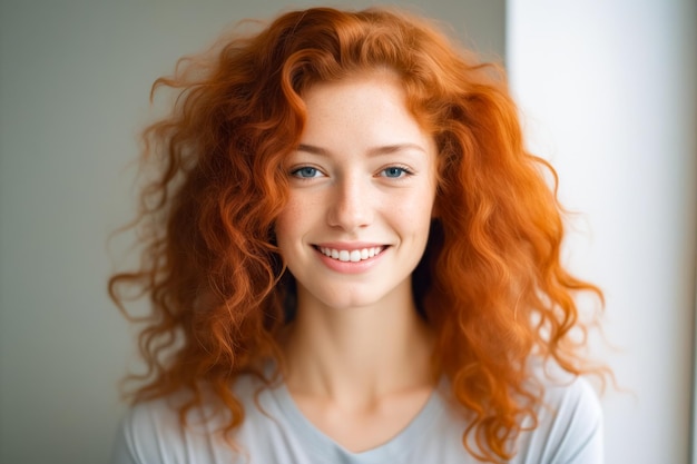 Woman with red hair smiling and looking at the camera Generative AI