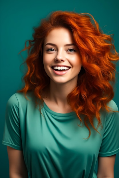 Woman with red hair smiling and wearing green shirt