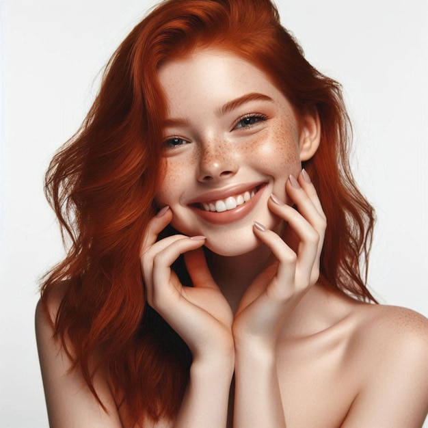 Photo a woman with red hair smiling with a white background