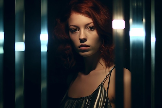 A woman with red hair standing in a dark room