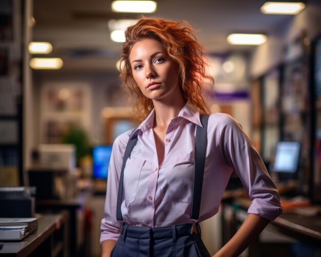 a woman with red hair standing in an office