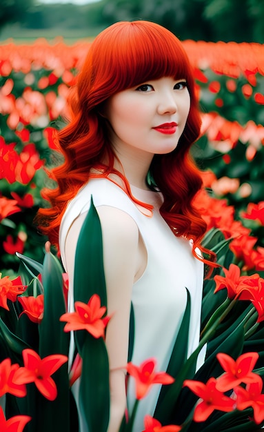 A woman with red hair stands in a field of flowers.