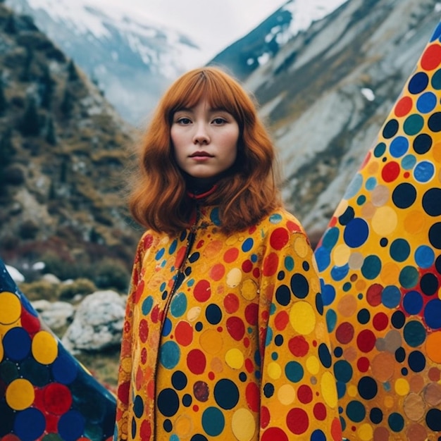 A woman with red hair stands in front of a mountain.