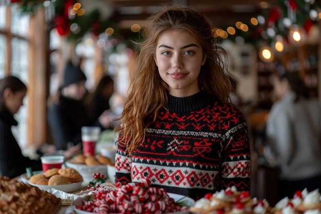 Photo a woman with red hair stands in front of a table full of pastries