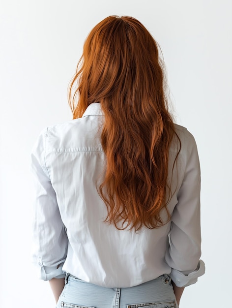 a woman with red hair stands in front of a white wall