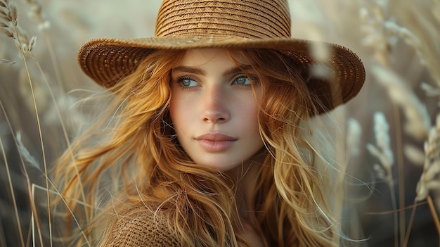 a woman with red hair and a straw hat