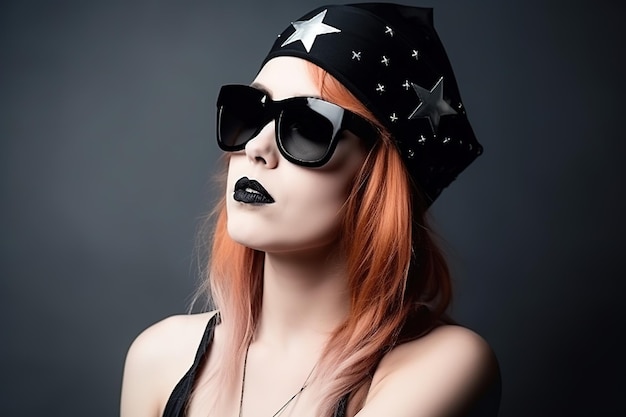 A woman with red hair and sunglasses and a black bandana.