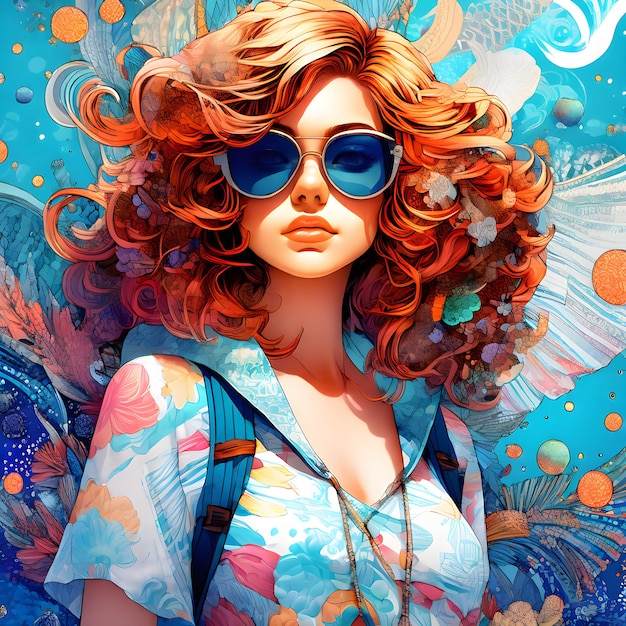 a woman with red hair and sunglasses is wearing a blue floral dress