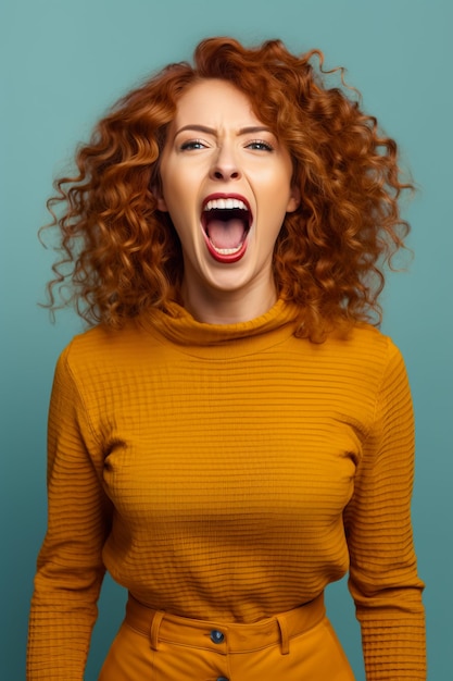 Woman with red hair and surprised look on her face with her mouth open Generative AI