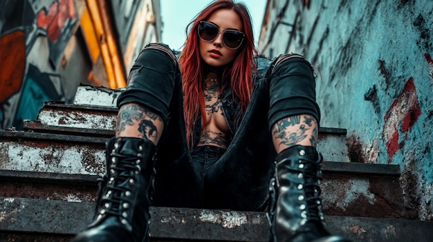 Photo a woman with red hair and tattoos sitting on some steps