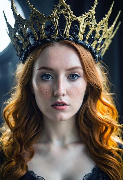 a woman with red hair wearing a crown with the word queen on the top