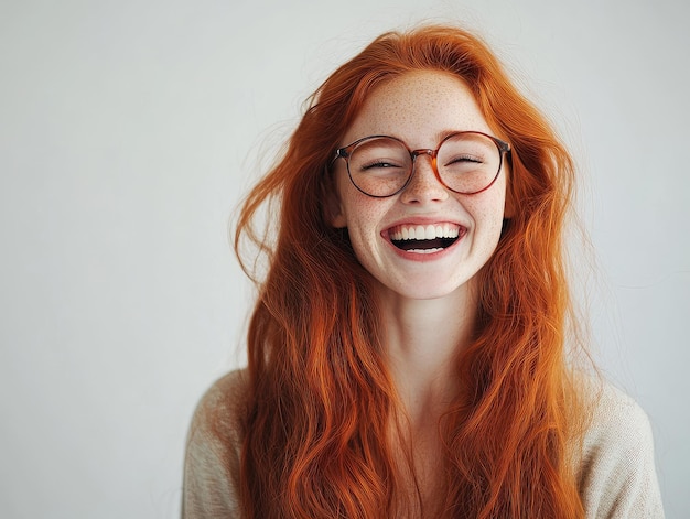 Photo a woman with red hair wearing glasses smiling and laughing