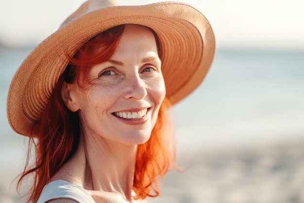 A woman with red hair wearing a hat and a straw hat smiles at the camera.