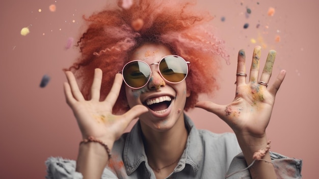 A woman with red hair wearing sunglasses and a pink wig smiles and waves her hands in the air.