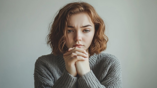 a woman with red hair wearing a sweater with her hands folded in front of her face