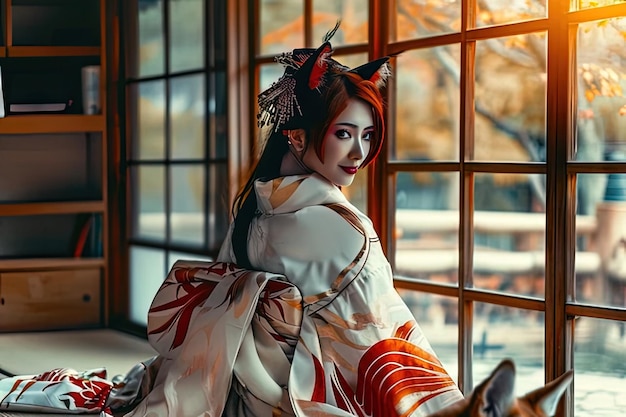 Photo a woman with a red hair and a white dress with a red bow