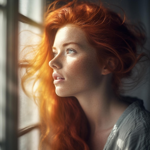 A woman with red hair and a white shirt is looking out a window