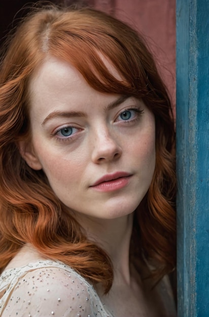 a woman with red hair and a white shirt is standing in front of a window