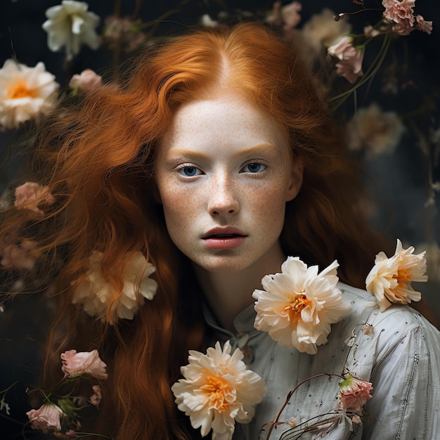 a woman with red hair and a white shirt with flowers in the background