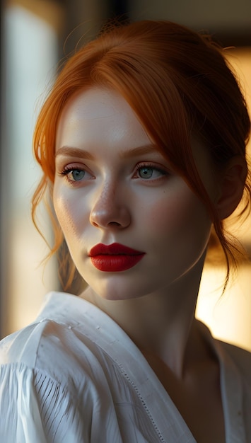 a woman with red hair and a white shirt