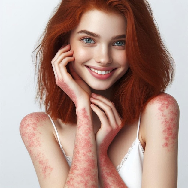 a woman with red hair and a white tank top has a red flower pattern on her arm