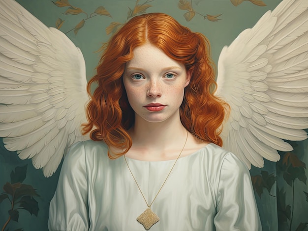 a woman with red hair and white wings