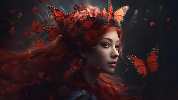 A woman with a red hair and a wreath of butterflies on her head