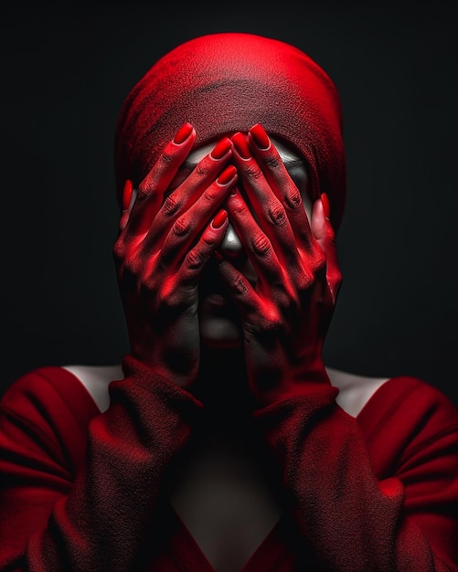 A woman with a red hat covering her face with her hands