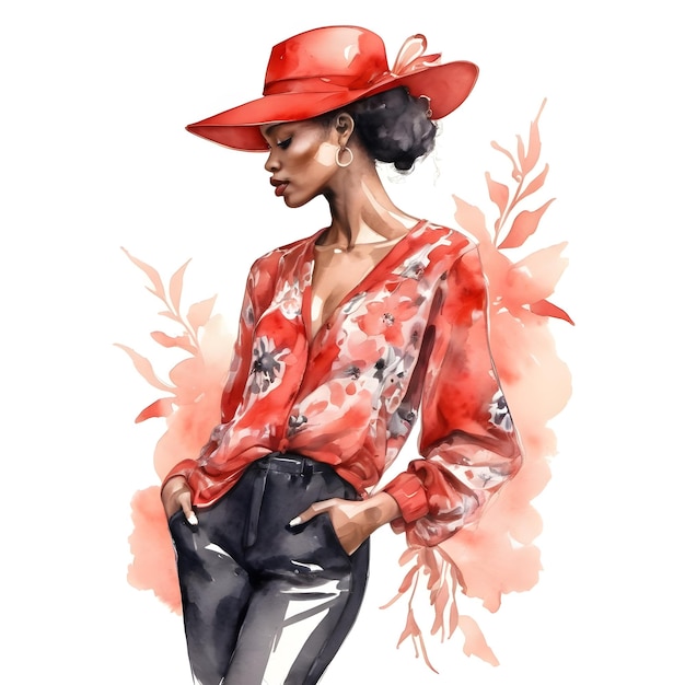 A woman with a red hat and flowers in watercolor