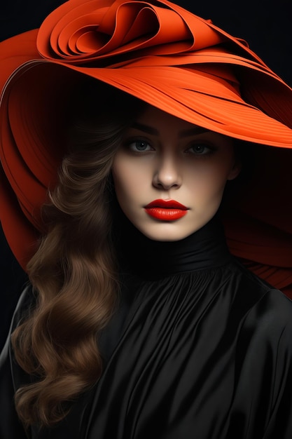 Woman with red hat and long hair wearing black dress Generative AI