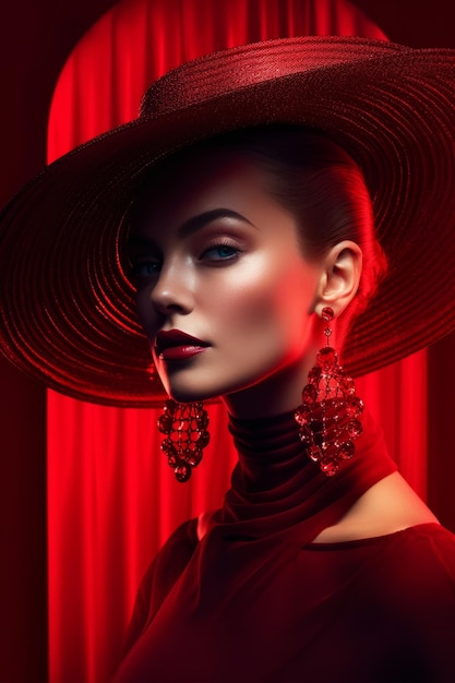 A woman with a red hat and a red background