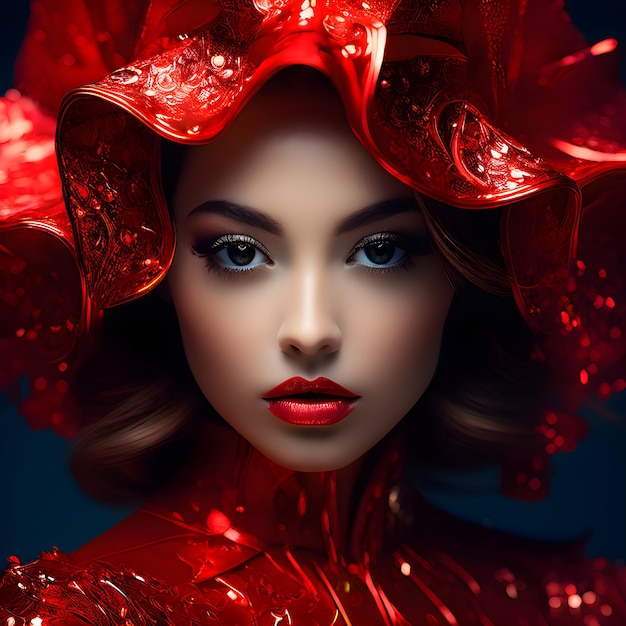 a woman with a red hat and red dress with a red hat on it