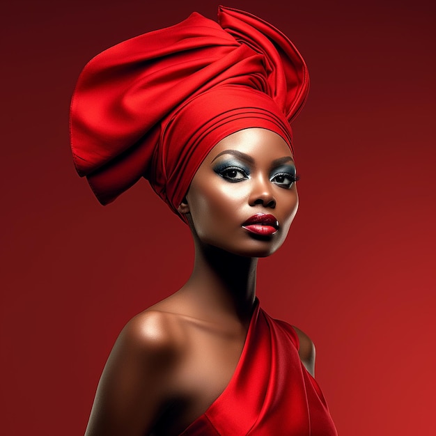 A woman with a red hat and a red turban on her head.