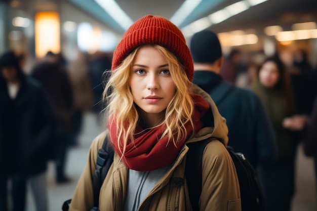 Woman with red hat and scarf on is looking at the camera Generative AI