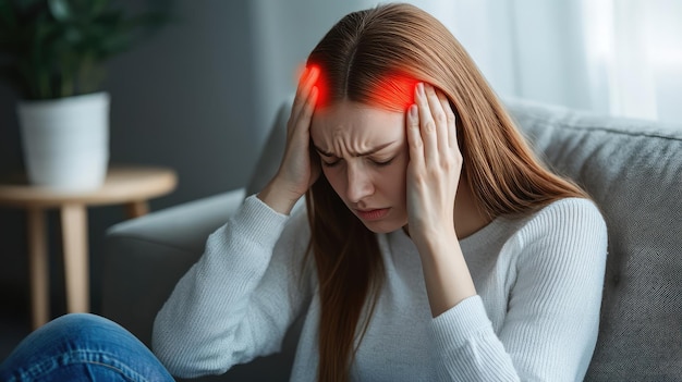 a woman with a red headband that says pain in her head