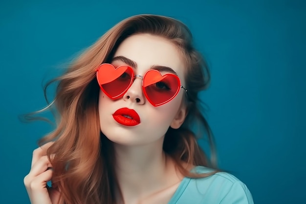 A woman with red heart shaped sunglasses