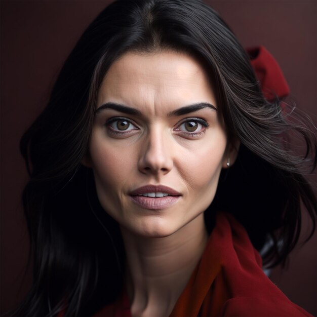 A woman with a red jacket and brown eyes looks at the camera.