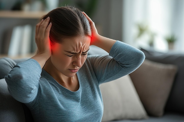 Photo a woman with a red light on her head is having a headache