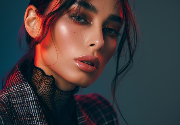 Photo a woman with a red lip and a black scarf