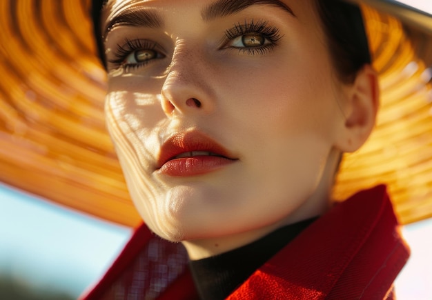 Photo a woman with a red lip and a black shirt with a black shirt on it