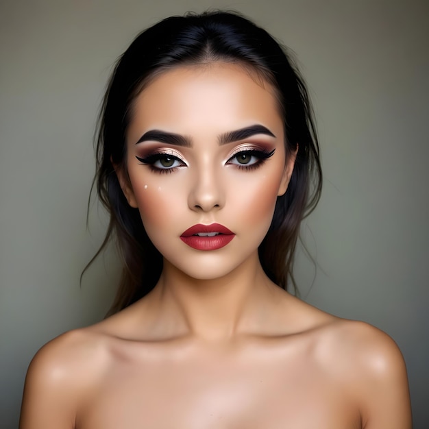 a woman with a red lip and a brown eye shadow on her face