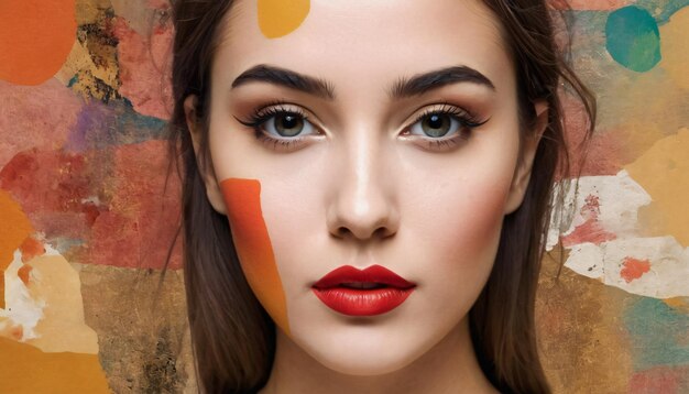 a woman with a red lip and a colorful face painted with the word