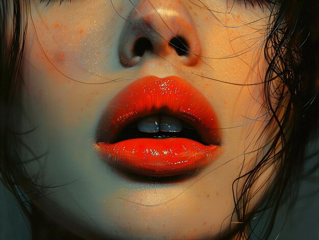 a woman with a red lip and her lips painted with the word  b  on it