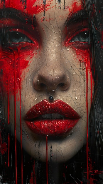 a woman with a red lip piercing is shown with a black nose