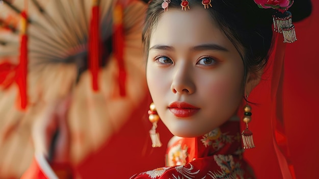 a woman with a red lip and a red background