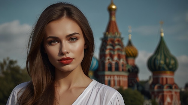 a woman with a red lip and a white shirt is standing in front of a building with a red roof