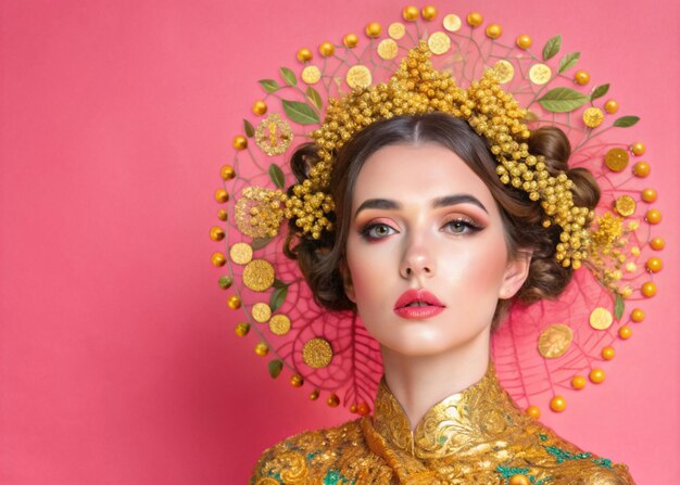 a woman with a red lip and a yellow flower on her head