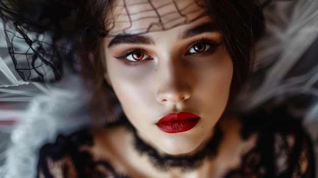 Photo a woman with red lips and a black dress with a red lip