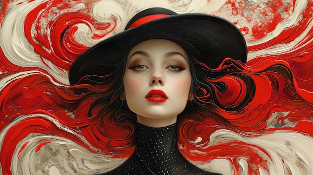 a woman with red lips and a black hat is standing in front of a red and white wall